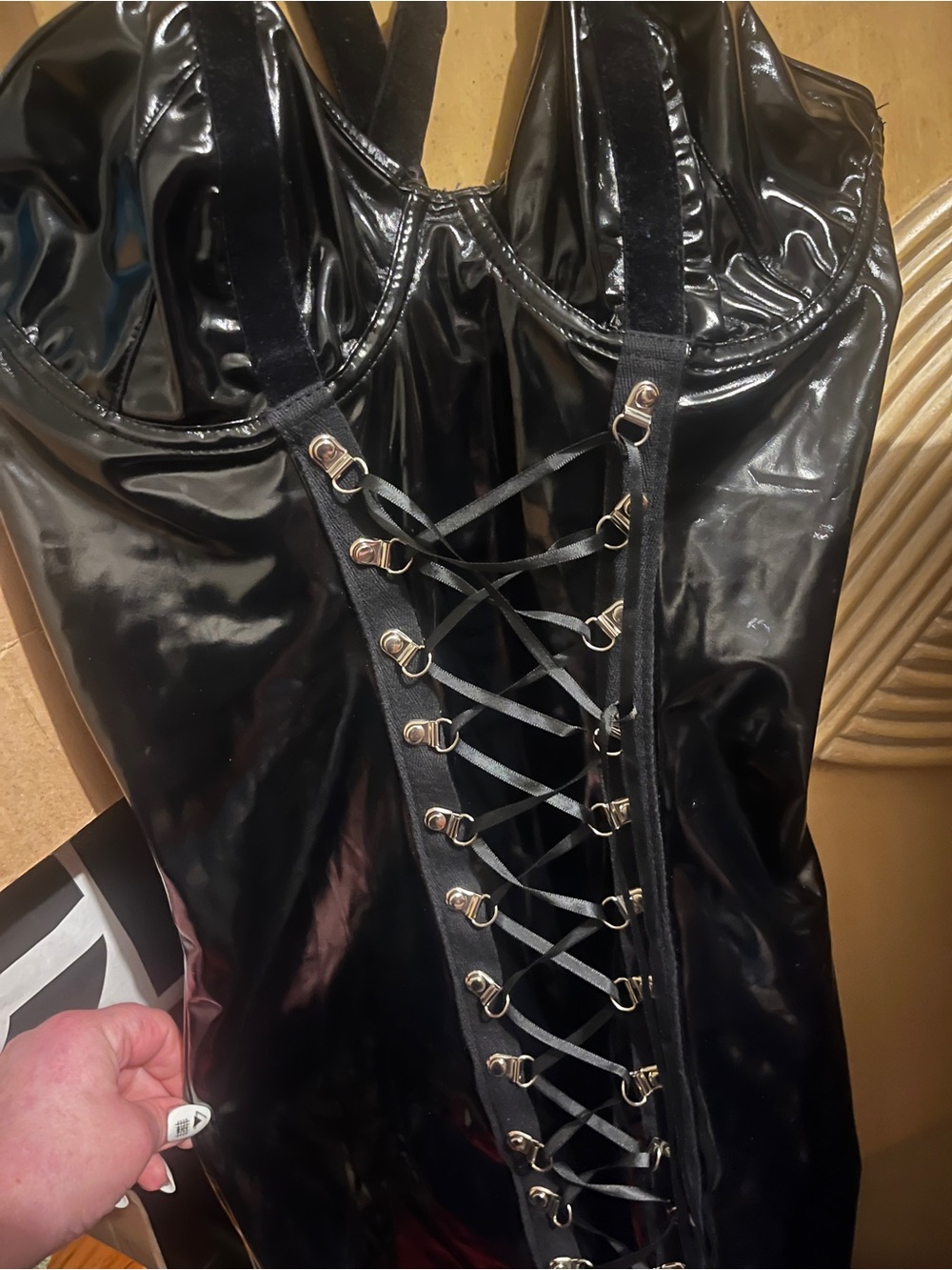 Black Faux Patent Lace-Up Corset Dress bdsm sexy super stretchy unbranded